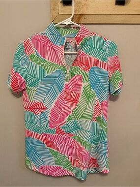 IBKUL Marley Leaf Print Short Sleeve Quarter Zip Golf Shirt Polo, Small